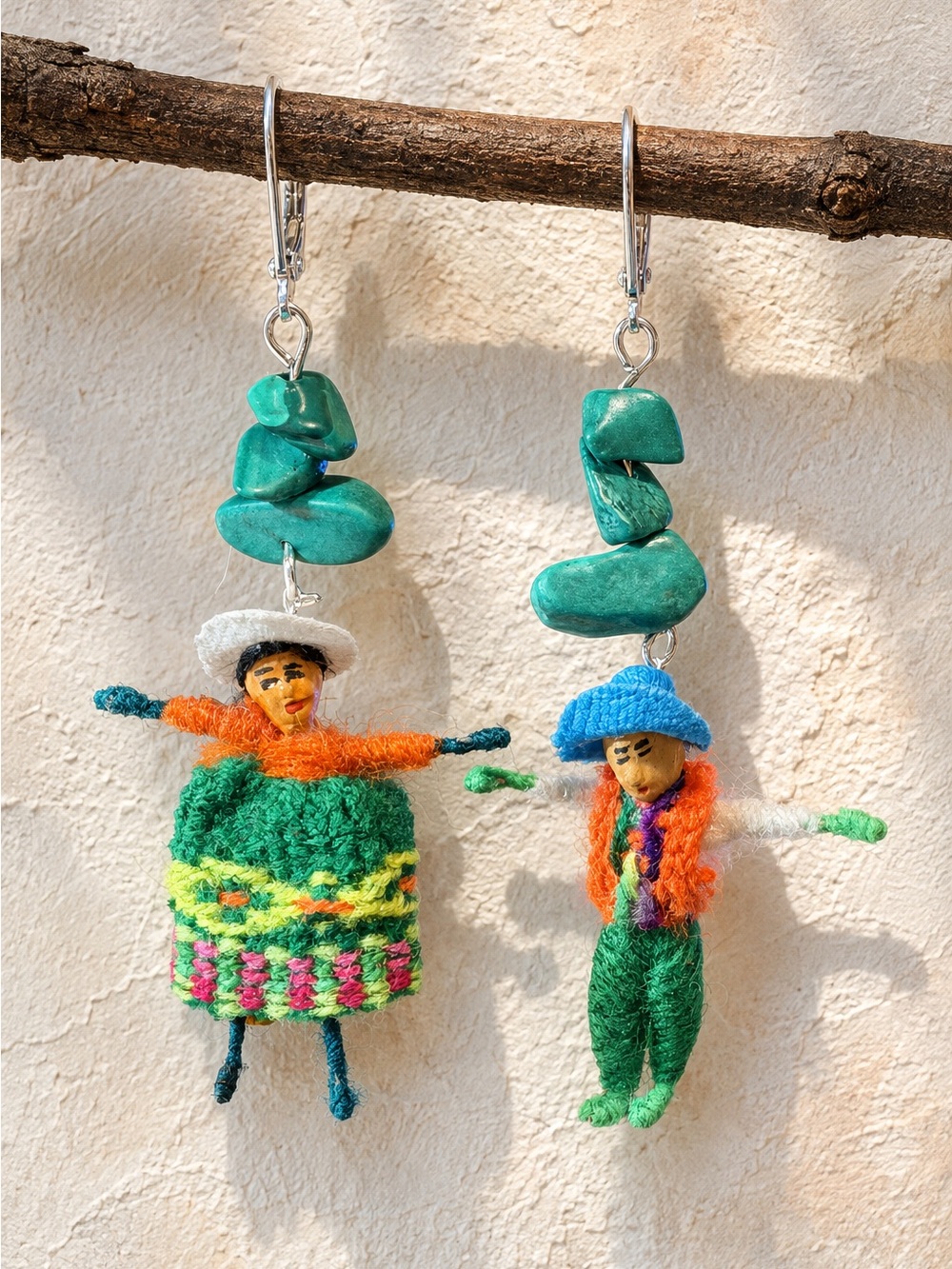 Handmade Peruvian Worry Doll Earrings Mismatched Boy Girl Green Stone Dangles